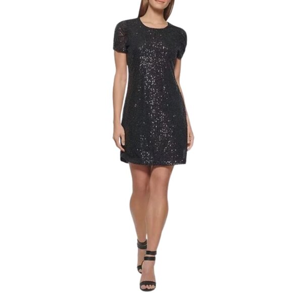 DKNY Black Short Sleeve Crew Neck Sequin Cocktail Mini Dress Sz 6 - Picture 1 of 10